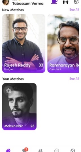 Zoadi app home screen with new and saved matches